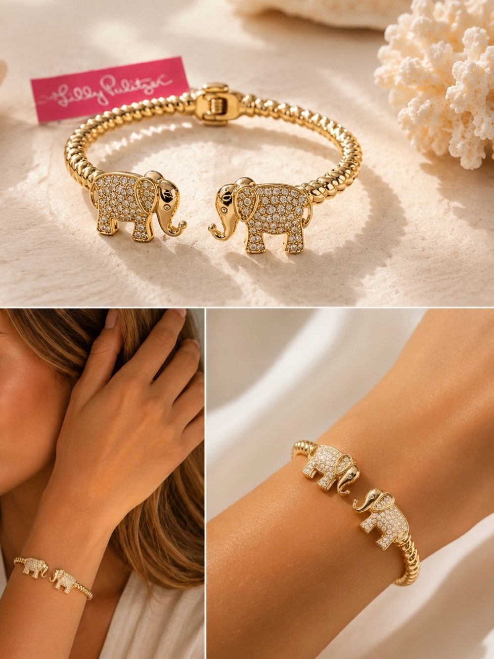 Lilly Pulitzer Gold Elephant Pavé Cuff Bracelet cute sparkly hinge boho summer